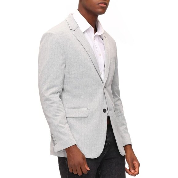 🆕Men's Light Grey Herringbone Blazer 2 Button Sport Coat Casual Knit Polyester - Picture 5 of 8